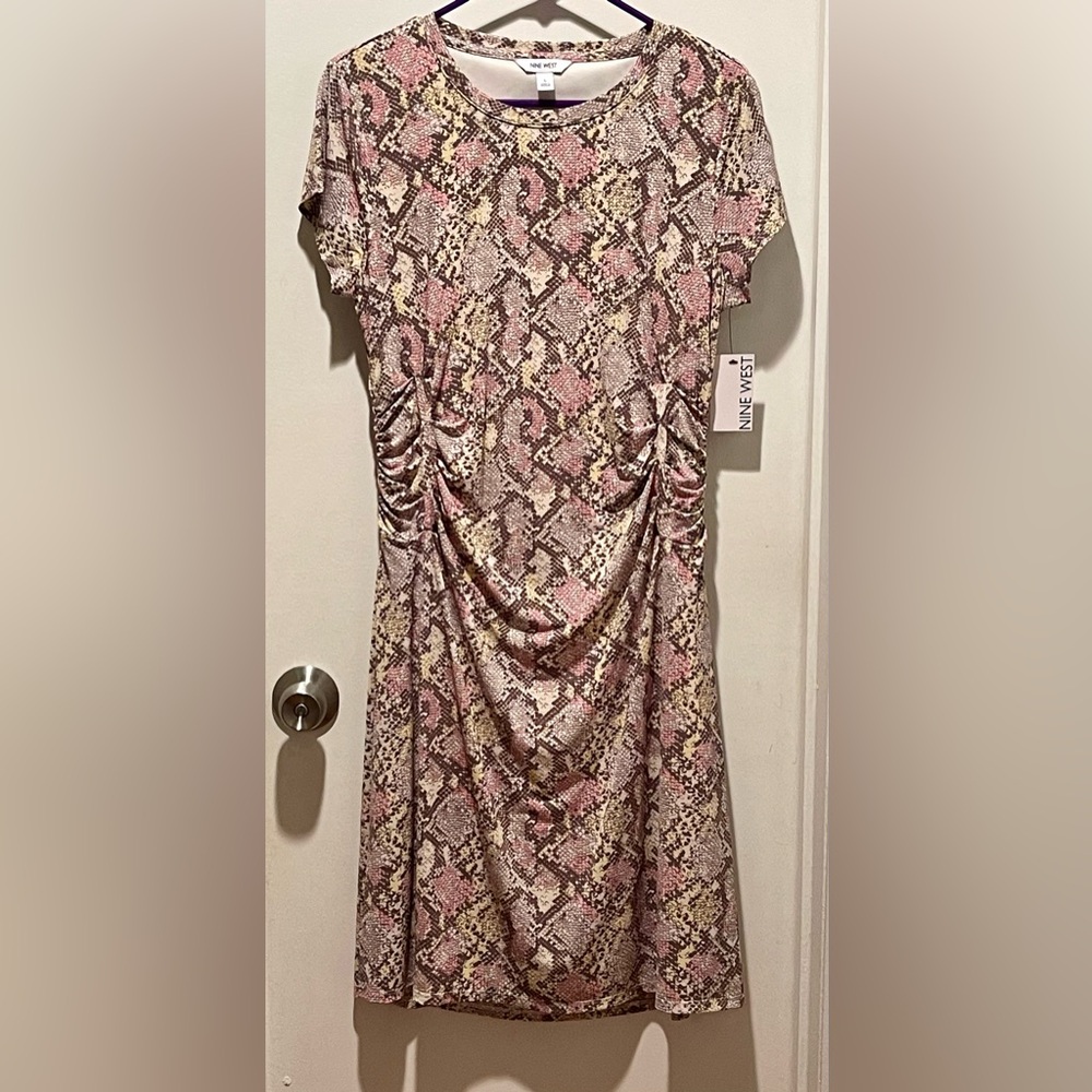 Nine West multi pastel color Snakeskin Print runch side gathered dress L